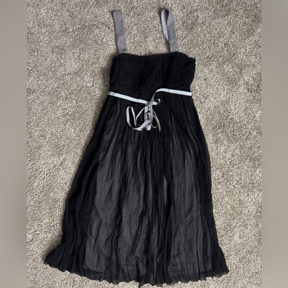 Mimi Maternity Black Pleated Maternity Dress with Gray Straps and Waist Tie